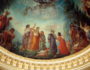 Descida ao limbo: "O poeta grego Homere, rodeado pelos poetas Ovid, Stace e Horace, recebe Dante trazido por Virgílio. Pirroxo, com suas armas, acompanha Aníbal" Detalhe da pintura de Eugene Delacroix (1798-1863) decorando a cúpula do de Ferdinand Victor Eugene Delacroix