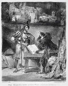 Primeiro Encontro entre Fausto e Mefistófeles: `Por que todo esse ruído &39;, do Fausto de Goethe, 1828, (ilustração) (foto bw de litografia) de Ferdinand Victor Eugene Delacroix