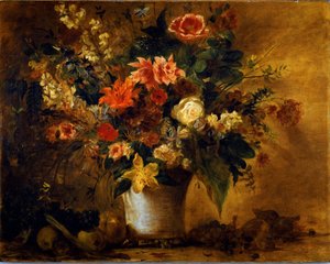 Flores e frutos Bouquet de flores em vaso de gres. Pintura de Eugene Delacroix (1798-1863) 1843 aproximadamente. Sol. 74x93 cm Vienna Kunsthistorisches Museum, Neue Gallery de Ferdinand Victor Eugene Delacroix
