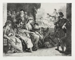 Hamlet: Hamlet ordena que os atores façam uma cena do envenenamento de seu pai, 1834. de Ferdinand Victor Eugene Delacroix