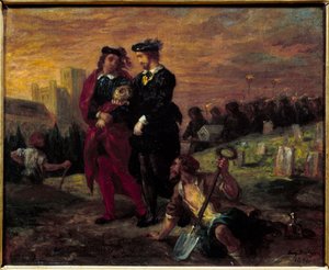 Hamlet e Horatio no cemitério. Acto V da peça "Hamlet" de William Shakespeare. Pintura de Eugene Delacroix (1798-1863) Ec. Pe. de Ferdinand Victor Eugene Delacroix