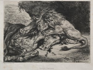 Leão devorando um cavalo, 1844. de Ferdinand Victor Eugene Delacroix