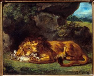 Um leão a bater num coelho. Pintura de Eugene Delacroix (1798-1863) de Ferdinand Victor Eugene Delacroix