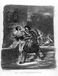 Mefistófeles e Fausto escapando após a morte de Valentim, do Fausto de Goethe, 1828, (ilustração), (bw foto de litografia)