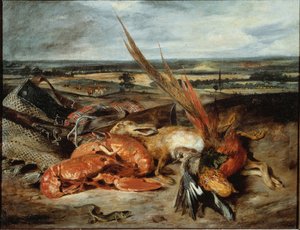 Natureza morta com lagosta e troféus de caça e pesca - óleo sobre tela de Ferdinand Victor Eugene Delacroix