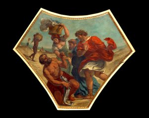 O dracma do tributo encontrado por São Pedro na audiência de um peixe Este dinheiro será usado para pagar o imposto ao coletor na entrada da cidade de Capharnaum (ou Kefar Nahum, cidade da Galiléia, auj. em Israel). Pintura de Eugene Delacroix (1798-1 de Ferdinand Victor Eugene Delacroix