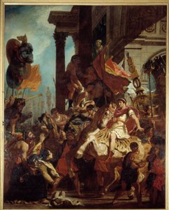 A Justiça de Trajano Uma viúva cujo filho foi morto pede justiça ao Imperador Trajano (Marcus Ulpius Trajano, 53-117) partindo para a guerra. Ilustração do Puragatório em "La Divina Commedia" (Divina Comeide) de Dante Alighieri (1265-1321) Pintura de Eug de Ferdinand Victor Eugene Delacroix