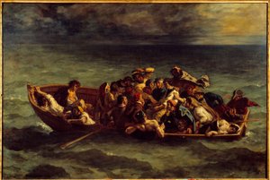 O afundamento de "Don Juan". Ilustração do livro de George Gordon Byron chamado Lord Byron (1788-1824) "Don Juan", canção II. Pintura de Eugene Delacroix (1798-1863) de Ferdinand Victor Eugene Delacroix