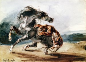 Tiger Attacking a Wild Horse (caneta e tinta e aguarela sobre papel) de Ferdinand Victor Eugene Delacroix