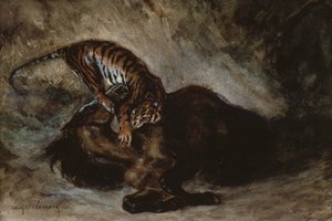 Tigre atacando um cavalo (wc no papel) de Ferdinand Victor Eugene Delacroix