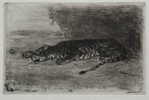 Tigre deitado na entrada do seu covil. de Ferdinand Victor Eugene Delacroix