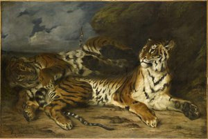 Jovem tigre brincando com sua mãe, 1830. de Ferdinand Victor Eugene Delacroix