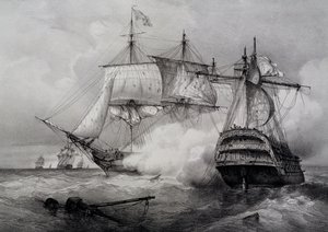 Batalha entre navio americano de 74 tiros e fragata britânica, litografia de Ferdinand Perrot
