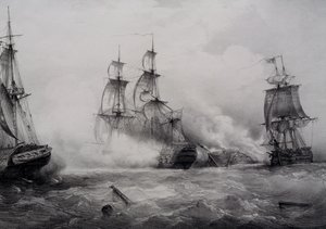 Luta entre veleiros britânicos e americanos de terceira categoria com 74 armas, litografia de Ferdinand Perrot
