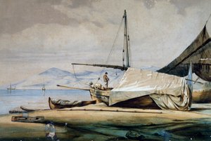 Leudi, barco de pesca liguriano, litografia colorida de Ferdinand Perrot