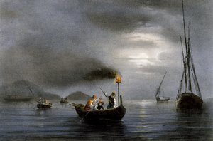 Pesca nocturna com candeeiro de pesca, litografia colorida de Ferdinand Perrot (1808-1841)