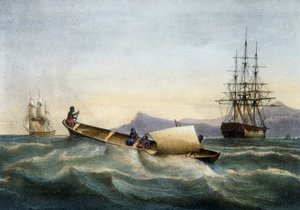 Canoa outrigger das Antilhas, litografia colorida de Ferdinand Perrot