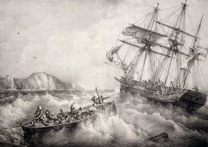 Resgate da tripulação do barco de pesca bretão pelo navio sueco Le Neptune, Litografia de Ferdinand Perrot