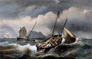 Pesca da sardinha na costa de Bretogne, litografia colorida de Ferdinand Perrot (1808-1841)