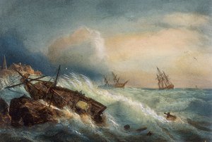 Naufrágio na costa de Saint Nazaire, litografia colorida de Ferdinand Perrot, França