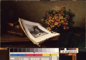 Natureza morta com uma litografia. Pintura de Ferdinand Wagner (1819-1881). Óleo sobre tela, 48 x 86,5 cm. Arte alemã do século XIX. Museu Estadual de Arte M.K. Ciurlionis, Kaunas (Lituânia). de Ferdinand Wagner