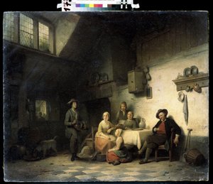 "O Concerto Privado" (House Concert) Uma família reunida num interior modesto na Bélgica ouve um músico a tocar o hurdy-gurdy. Pintura de Ferdinand de Braekeleer, o mais velho (1792-1883) Museu de Arte Mikhail Kroshitsky do século XIX, Sevastopol (Se