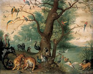 Animais e pássaros no Jardim do Éden
