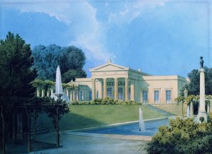 Vista de Charlottenhof do jardim, 1855 (caneta e tinta e wc no papel) de Ferdinand von Arnim