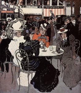 Mulher falando em uma mesa do lado de fora de um café. Ilustração de Von Reznicek a entrar: Simplicissimus, Alemanha de Ferdinand von Reznicek