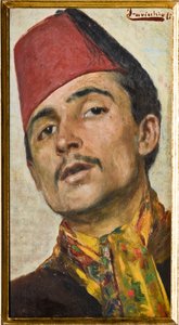 Homem vestindo um fez (óleo a bordo) de Ferdinando Cavicchioli