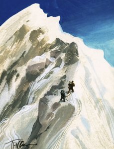 Hillary e Tensing abrem caminho, um passo de cada vez, ao longo de um cume