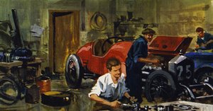 Juan-Manuel Fangio foi aprendiz do piloto de corridas Viggiano (litografia a cores)