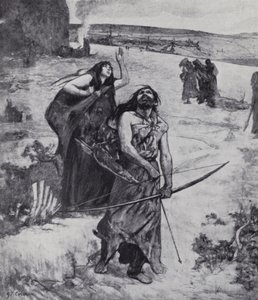 Homem da Idade do Gelo aprendendo a caçar com arco e flecha (litho) de Fernand (after) Cormon