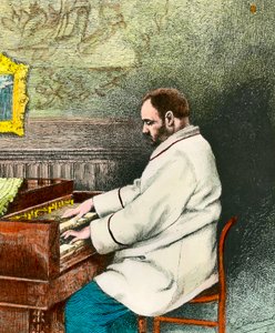 Retrato de Emile Zola (1840-1902) tocando órgão. Gravura de Desmoulin (século XIX). Coll. Sai. de Fernand Desmoulin