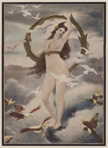 Mulher cercada por pássaros (lito colorido)