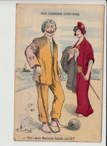 Postal, satírico em cores: seu último uniforme - Guerra de 14-18 - Marianne, William II Ilustração de Gottlob (1873-1935)