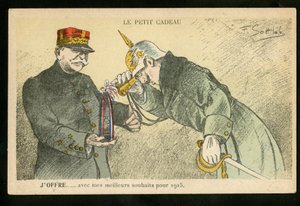 Postal, Satirical in Colors, ca. 1914_12: Um pequeno presente que ofereço com os meus melhores votos para 1915 - Guerra de 14-18, Canhões, conchas - William II, Joffre Illustration de Gottlob (1873-1935)