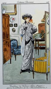 Trajes parisienses: alfaiate de veludo branco listrado com lontra e enfeites Dessine by Fernand Simeon