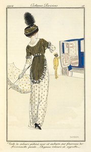 "Casaco de veludo preto e de anoraque em pele de pequim sobre uma bainha de folho pintada. Chapéu de veludo e aigrette. de Fernand Siméon