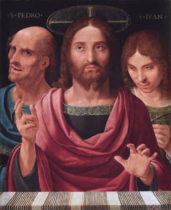 Salvator Mundi entre os Santos Pedro e João, c.1507 (óleo sobre madeira) de Fernando Yanez de Almedina