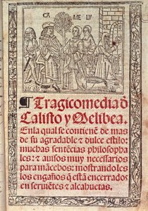Miniatura em pergaminho na capa da Celestina ou Tragicomedia de Calisto y Melibea, manuscrito espanhol de Fernando de Rojas (1465-1541), publicado em 1531 de Fernando de Rojas