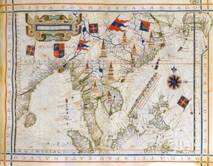 Carta-plano, mapa pré-Mercator de 1571 do cartógrafo português Fernão Vaz Dourado (c1520-c1580). Mapa da Índia Oriental, da Baía de Bengala, do Sudeste da China, da Tailândia, de Bornéu e do Japão. O Trópico de Câncer é nomeado. de Fernao Vaz Dourado
