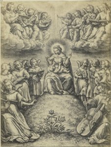 Fotoreprodução de gravura Le concert des anges door Hieronymus Wierix O concerto dos anjos de Fierlants