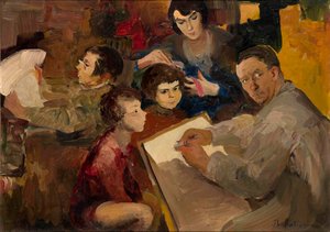 Autoportrait avec la famille (Auto-retrato com a família) - Peinture de Filipp Andreyevich Maliavin (Maliavine) (ou Andreyevich Malyavin) (1869-1940), huile sur toile (46,5x64,5 cm), art russe, fin 19e-debut 20e siecle - Colecção privee