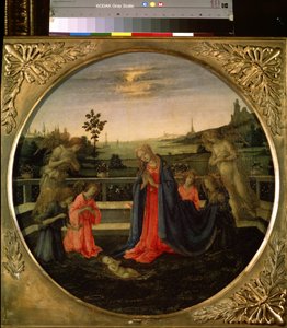 A Adoração do Menino Jesus. Jesus Cristo criança adorada pela Virgem Maria e os anjos. Pintura de Filippino Lippi (1457-1504), cerca de 1480. Têmpera sobre cobre. Arte florentina, período renascentista. Museu Hermitage, Saint Pet de Filippino Lippi