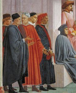 Homens em vestido medieval, detalhe de A Criação do Filho de Teófilo, de Tommaso Masaccio, fresco de Filippino Lippi
