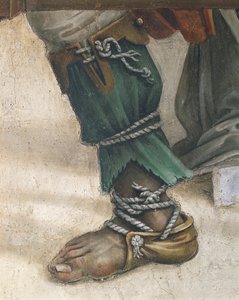 São João Evangelista Ressuscitando Drusiana por Filippino Lippi, detalhe de calçado, fresco de Filippino Lippi