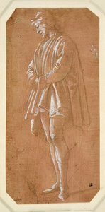 Estudo de um jovem de pé com as mãos dobradas nas mangas (ponto metálico sobre papel preparado cor-de-rosa, elevado com a cor branca do corpo) de Filippino Lippi