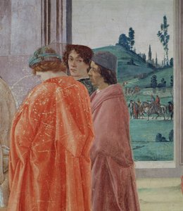 A Disputa com Simon Mago e a Crucificação de São Pedro Detalhe de três figuras observando a Crucificação, retrato central que se acredita ser do professor de Filippinos, Botticelli, c.1480 afrescos, veja também 6