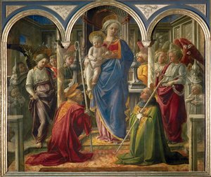 Madona e criança com anjos, e os Santos Frediano e Agostinho, chamada "Pala Barbadori" ... de Filippo (workshop of) Lippi